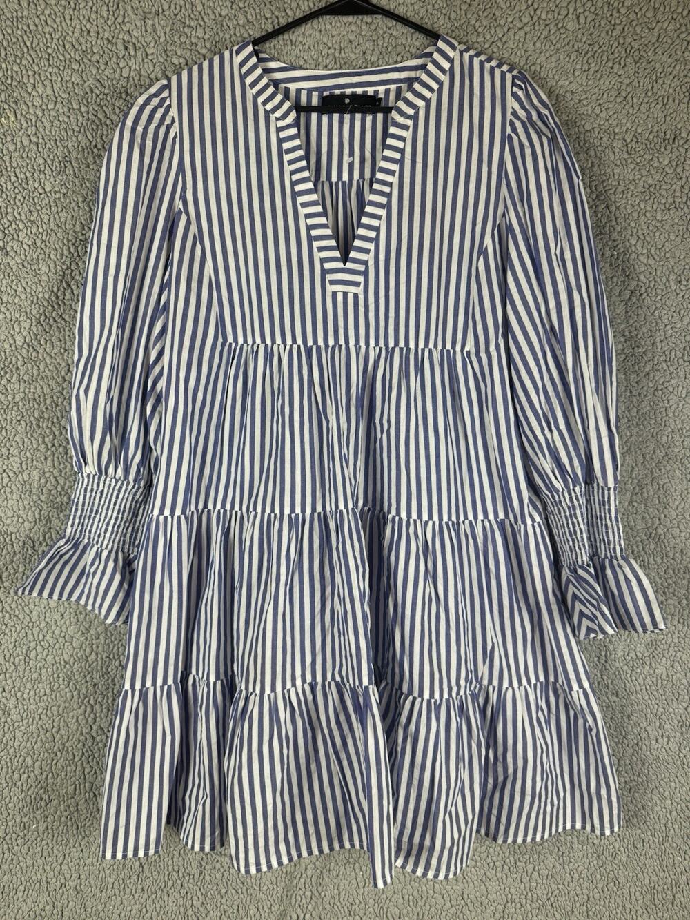 Pomander Place Womens XL Blue White Striped Tiered Dress Puff Sleeve Babydoll